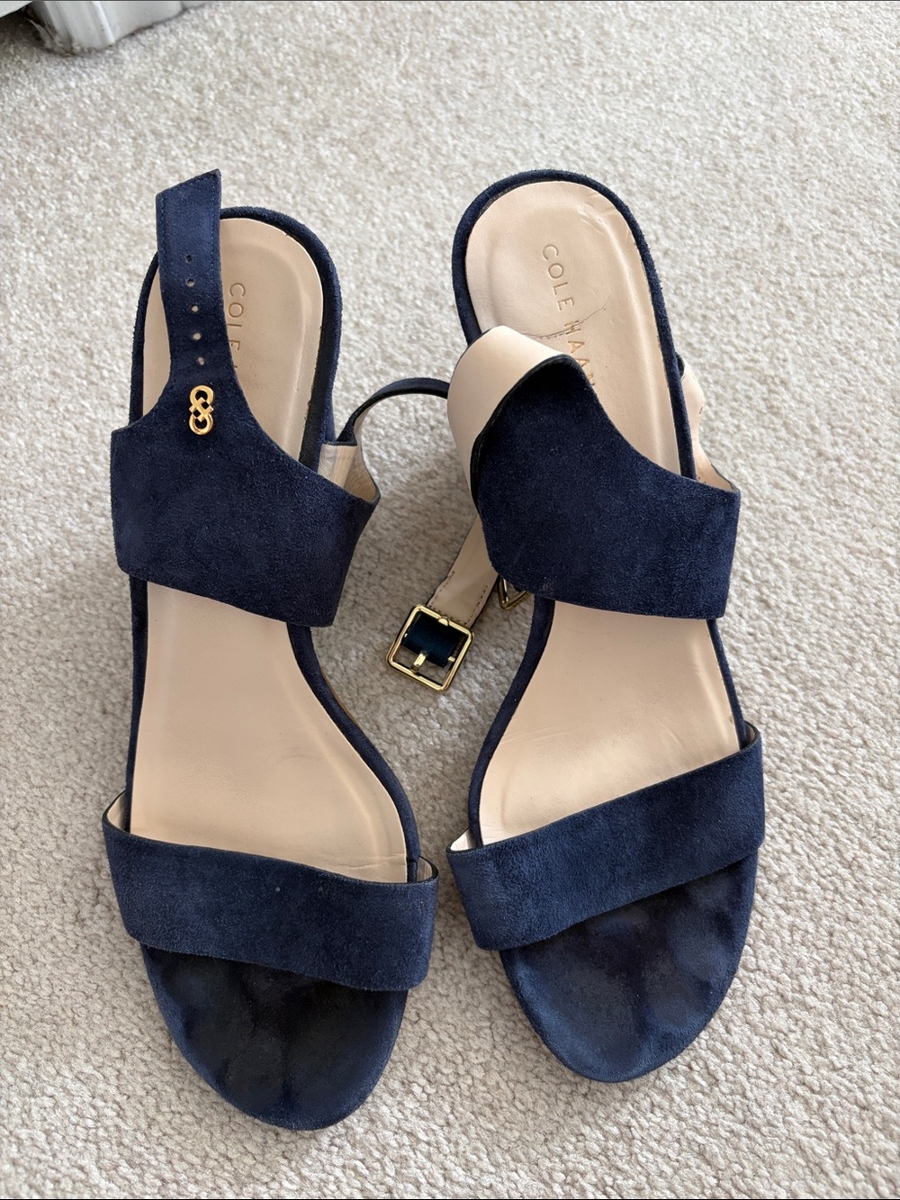 Cole Haan Navy Suede Open-Toe Slingback Sandals with Gold Accent